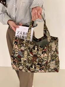 可爱粉色奶牛纹灯芯绒布包，饰有樱桃图案，冬季保暖，可手提或肩背 - 咖啡棕 - 查看 4