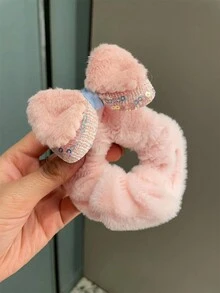 2入組女士毛絨蝴蝶結髮圈,彈性髮帶適合秋冬使用