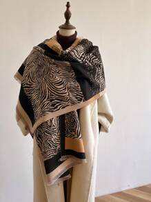 女式大尺寸暖色調仿卡仕米爾經典犬牙紋圍巾,配流蘇的厚實防風保暖披肩,適合休閒穿著 - 黑色 - 查看 1