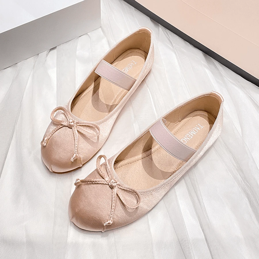 女士鞋子-秋季初遇_amiu蝴蝶結珍芭蕾絲緞粉紅色平底鞋 - 粉色 - 查看 1