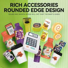 47件互動式兒童收銀機玩具套裝,包含假幣、計算機、掃描器、信用卡、輸送帶和模擬食物,適用於3歲+男女孩童玩假扮