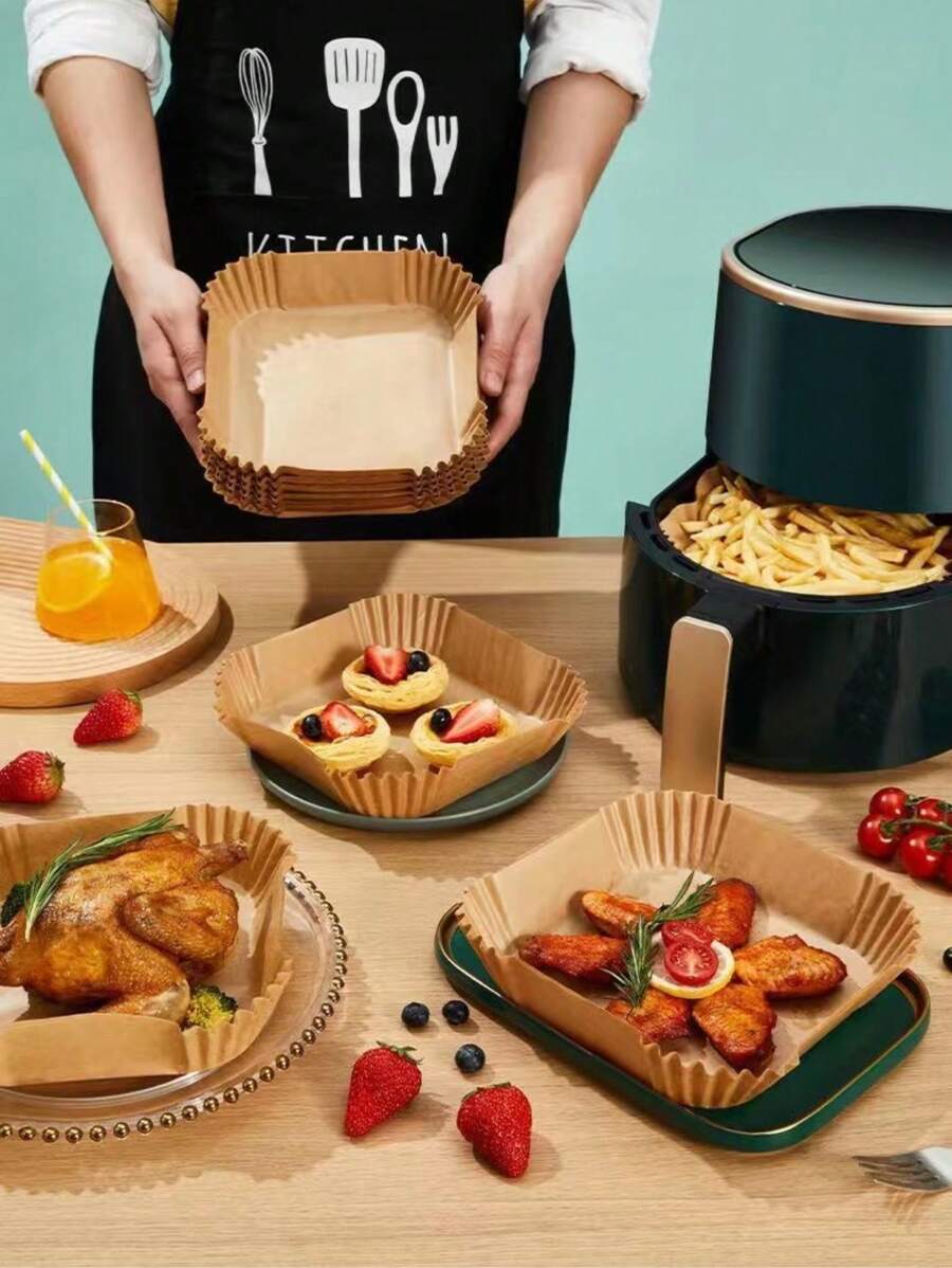 100 piezas Papel para freidora cuadrada y para hornear, papel a prueba