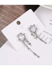 1pc Silver Ins Style Y2k Heart Four-pointed Star Tassel Earring For Women - Silver - View 3