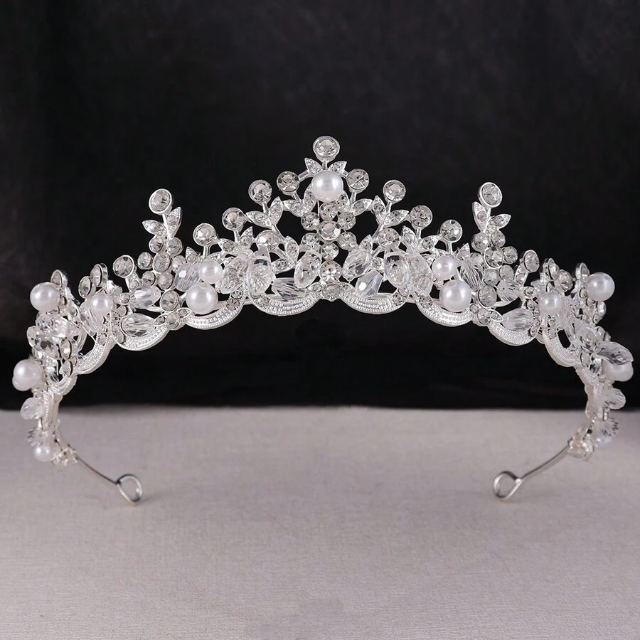 1入時尚人工珍珠和水晶手工製作婚禮皇冠頭飾,適合女性婚禮、生日、節日和派對使用