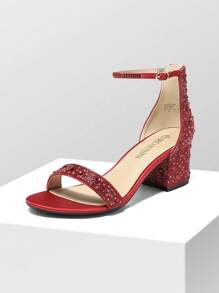 Women Rhinestone Decor Chunky Low Heeled Sandals Elegant Ankle Strap Open Toe Heels Fashion Party Wedding Dress Pumps Shoes - 紅色 - 查看 2