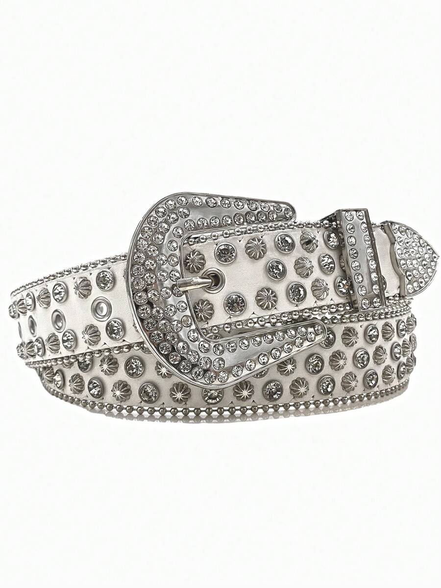 1pc White Rhinestone Square Buckle Belt With Multiple Holes, Pu Shiny Y2k Millennial Style, Perfect For Punk Rivet Rhinestone Accessories And Daily Party Use, Unisex - White - View 1