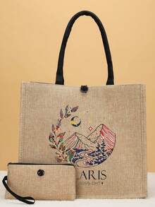 2 件套粗麻布手提包套装，星光之城图案手提包，麦霸手提包，便携式单肩包，大容量手提包顶部提手包购物袋带钱包节日商店礼物送给老师男士礼物圣诞节情人节男士礼物