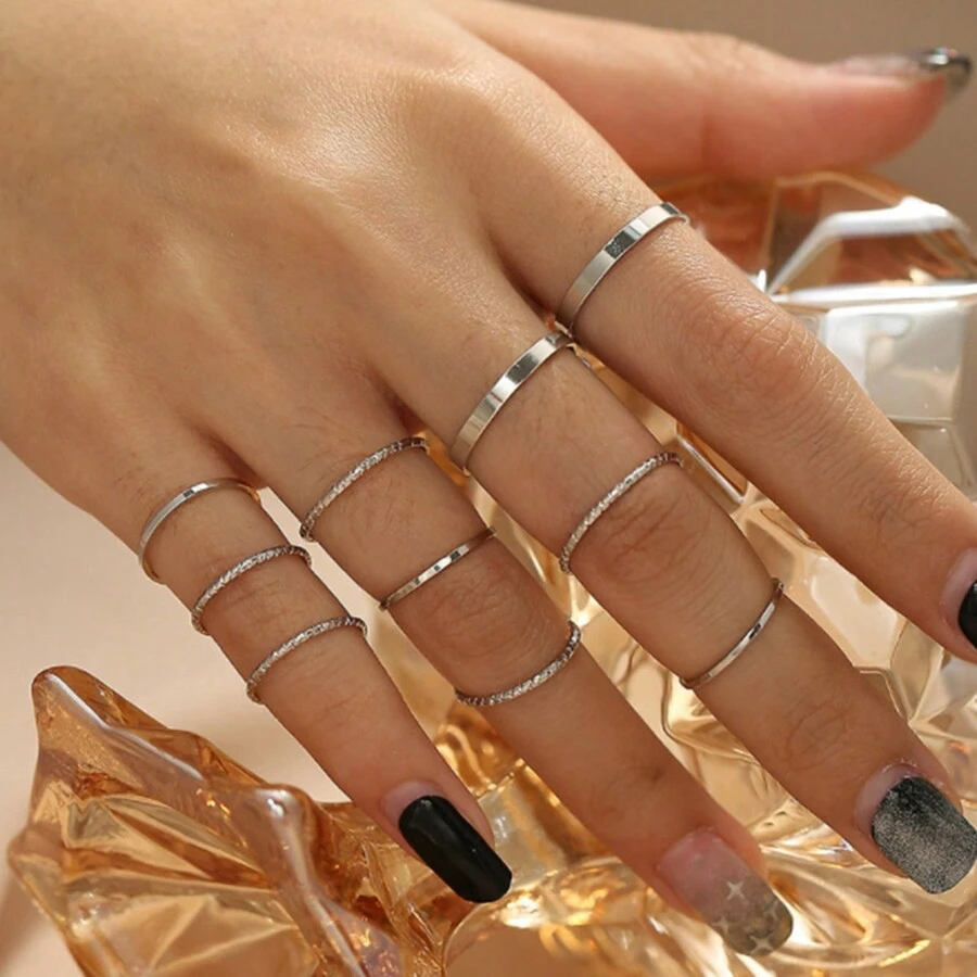 Conjunto De 10 Anillos De Aleación Creativos - Plateado - Ver 1