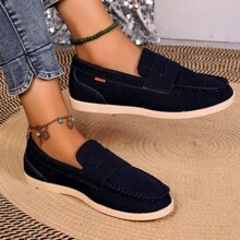Women's Dark Blue Loafers With Stitching Detail - Navy Blue - View 3