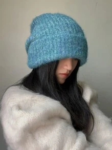1pc  (Knit Hat) Winter Long Fluffy Pom Pom Hat, Chunky Loose Beanie, Women's Headgear, Warm Ear Protection Hat Casual - Blue - View 2