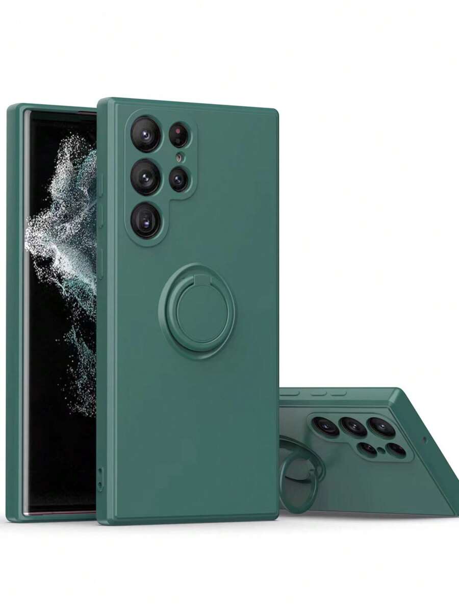 1pc Dark Green One-piece Ring Holder, Car Mount Magnetic & Liquid Silicone Phone Case Compatible With Iphone