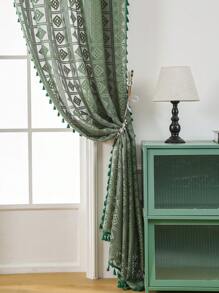 1pc Olive Green Grid Hollow Out Curtain, French Style Polyester Fibre Window Screen With Ambience - Olive Green - View 9