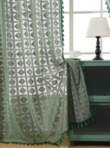 1pc Olive Green Grid Hollow Out Curtain, French Style Polyester Fibre Window Screen With Ambience - Olive Green - View 8