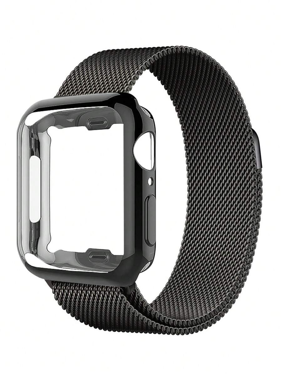Compatible With Apple Watch Band And Case Combination Set. Stylish, Soft, Breathable, And Adjustable Loop-Style Stainless Steel Magnetic Buckle Band + Drop-Proof And Scratch-Resistant Tpu All-Round Protective Case For Men And Women. Compatible With Apple Watch Series Ultra/11/10/9/8/7/6/5/4/3/Se, 38/40/41/42/44/45/46/49mm Band And Case. - Black - View 1