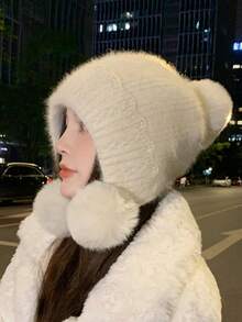 1頂針織女帽,秋冬防風保暖毛絨針織帽,可愛辮子和閃亮線裝飾 - 白色 - 查看 4