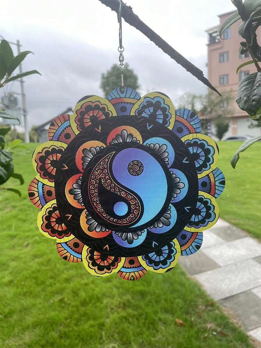 1個長26厘米圓形鐵工轉動八卦太極風鈴,戶外花園掛飾 - 黑色 - 查看 1