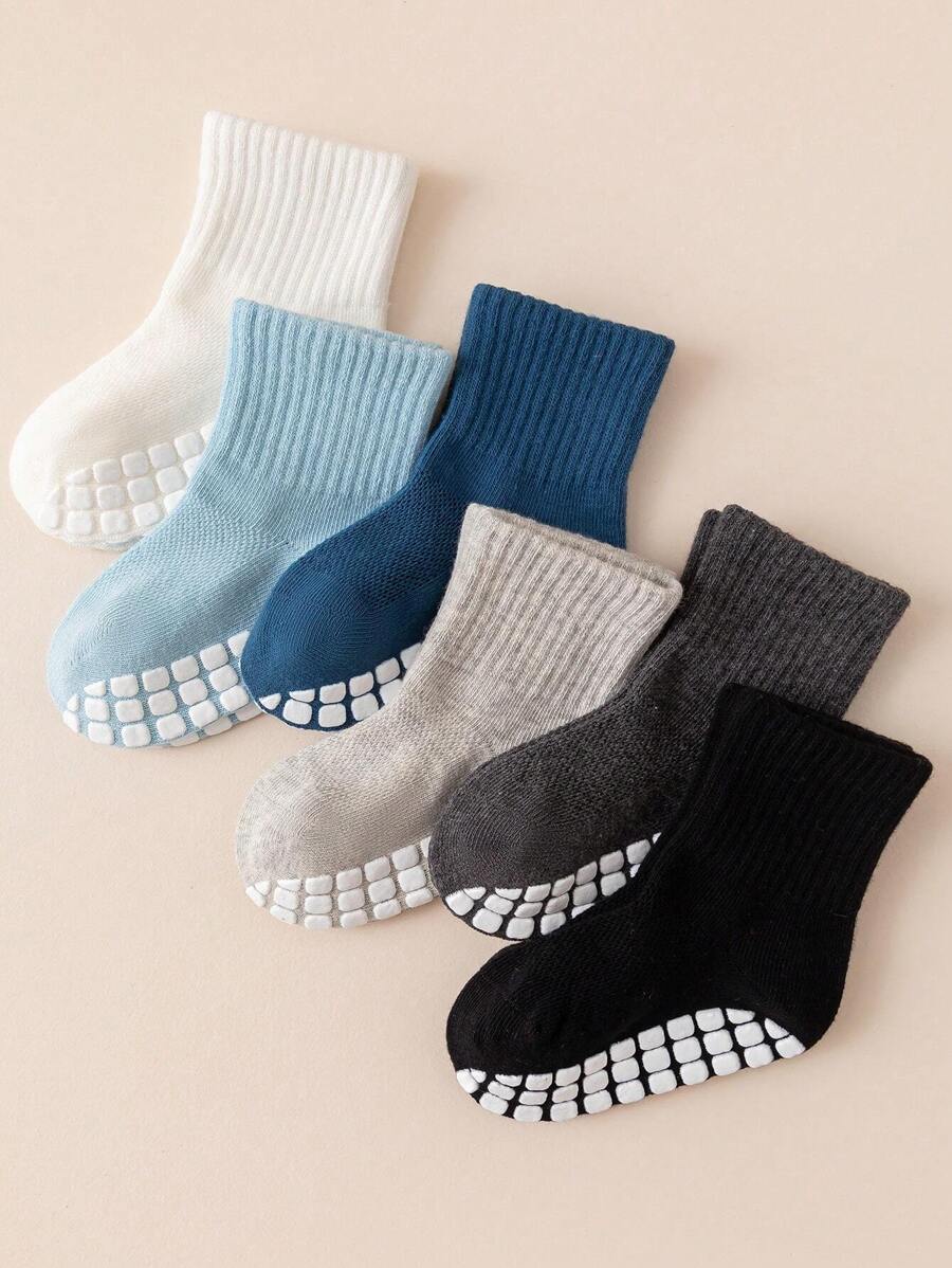 6對寶寶男孩和幼兒防滑底地板襪,腳背網眼設計,透氣舒適運動襪,無骨縫合幼兒襪