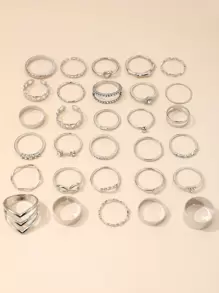 30pcs Light Luxury Geometric Wave Design Ring Set With Rhinestones Suitable For Women's Daily Wear - Silver - View 4