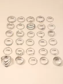 30pcs Light Luxury Geometric Wave Design Ring Set With Rhinestones Suitable For Women's Daily Wear - Silver - View 7