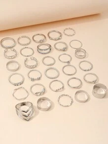 30pcs Light Luxury Geometric Wave Design Ring Set With Rhinestones Suitable For Women's Daily Wear - Silver - View 6