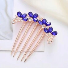 1 件藍色水鑽花形合金髮夾,婚禮復古髮夾,新娘髮飾