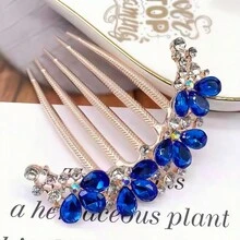 1 件藍色水鑽花形合金髮夾,婚禮復古髮夾,新娘髮飾