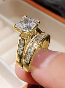 2pcs/Set Fashion Cubic Zirconia Ring For Women For Valentine's Day Gift Wedding Anniversary Party Jewelry,Mom,Mother,Mother's Day,Gift - Yellow Gold - View 7