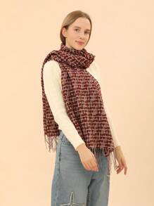 1入墨西哥酒紅色時尚編織披肩圍巾,搭配流蘇,適用於秋冬日常使用 - 酒紅色 - 查看 1