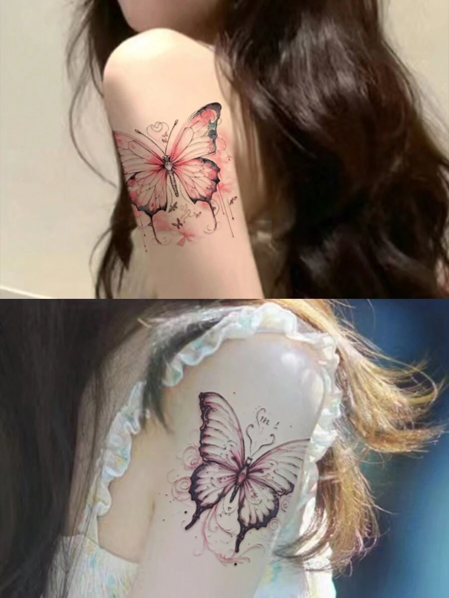 1入組粉色蝴蝶和彩色圖案防水防汗臨時紋身貼紙,適用於女性手臂、胸部和鎖骨 - 彩色 - 查看 1