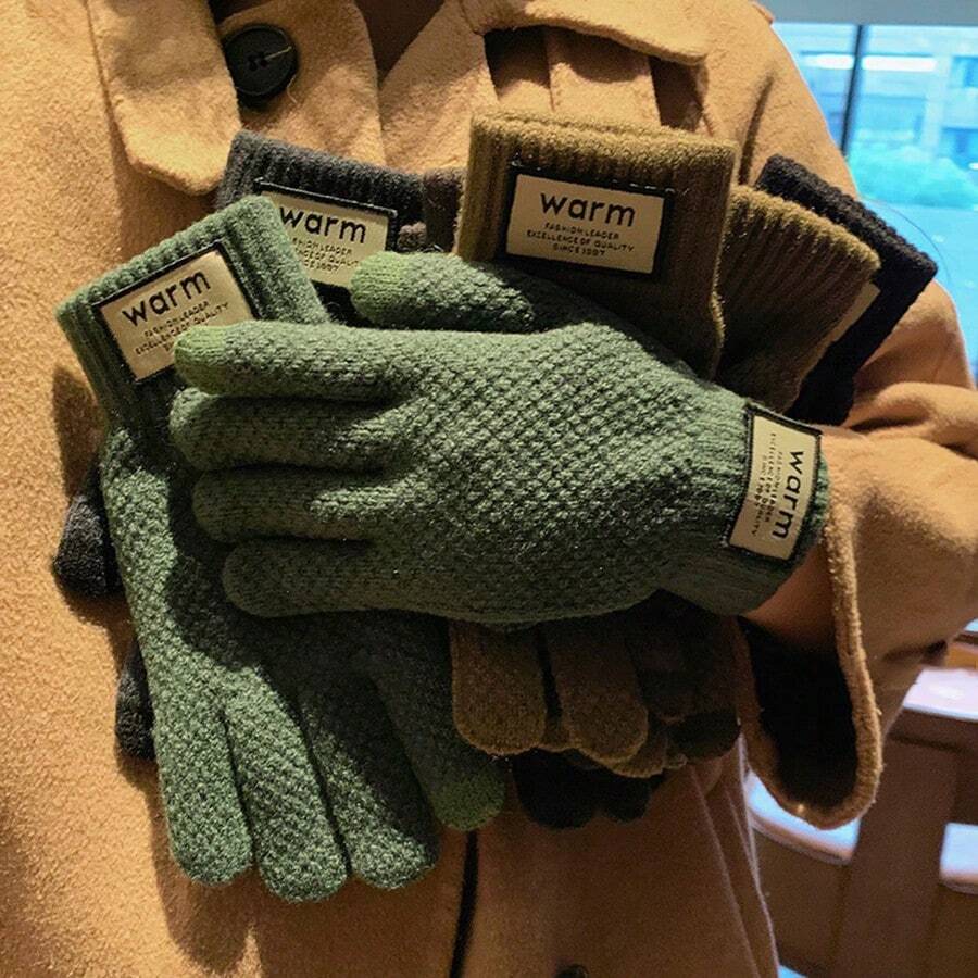 男女通用2入組 一碼針織手套，加厚保暖防滑觸控手指設計，適用於日常、騎行和冬季穿戴