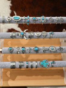 10入組西部牛仔復古風琥珀和仙人掌設計時尚戒指套裝,適合女性日常穿戴