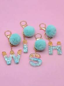 Blue Fur Ball Resin Capital Letter 's' Keychain With Flashing Gold Foil & Shell Sticker Pendant For Handbag And Backpack Decoration - Blue - View 3