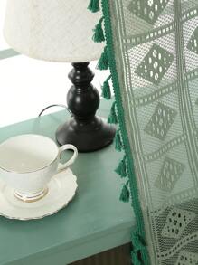 1pc Olive Green Grid Hollow Out Curtain, French Style Polyester Fibre Window Screen With Ambience - Olive Green - View 5