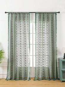 1pc Olive Green Grid Hollow Out Curtain, French Style Polyester Fibre Window Screen With Ambience - Olive Green - View 1