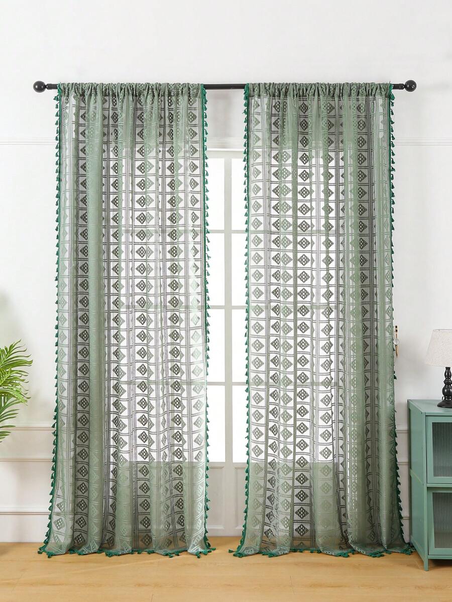 1pc Olive Green Grid Hollow Out Curtain, French Style Polyester Fibre Window Screen With Ambience - Olive Green - View 1