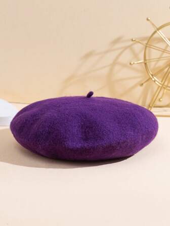 1pc Women’s Deep Purple Woolen Beret Cap, Suitable For Travel And Artistic And Japanese-style Outfits In Autumn And Winter