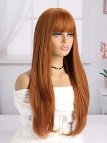 時尚女性長捲合成纖維頭套假髮,配有空氣瀏海,棕色,26英寸,適合日常穿著