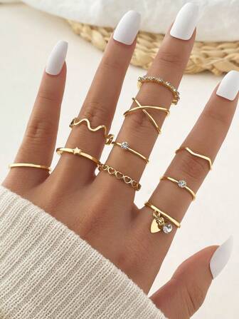 10 件金属心形吊坠优雅简约戒指套装情人节、妈妈、母亲、母亲节、礼物