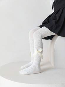 1雙女童白色底層連褲襪,帶蝴蝶結裝飾,公主風格適用於秋冬季(2-3)(3-8)(8-12)(12-16)歲 - 白色 - 查看 2