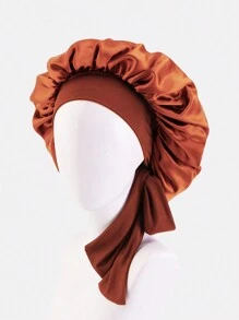 1pc Women's Elastic Band Satin Bonnet Cap With Bowknot & Ribbon, Suitable For Daily Use - Bronze - View 3