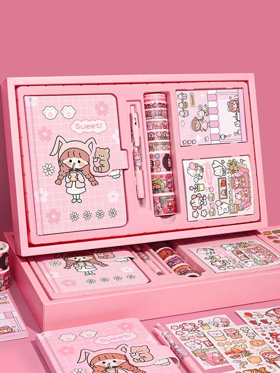 Lovely Notebook Gift Set Including Cartoon Hand Account Book, Stickers, Washi Tape For Kids - Multicolor - View 1
