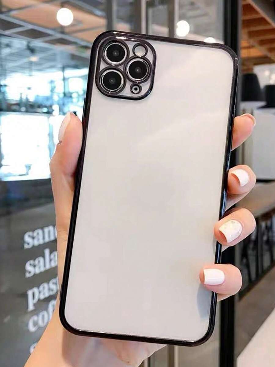 1pc Solid Color Transparent TPU Soft Phone Case With Electroplated Edge And Precision Holes, Compatible With IPhone - Black - View 1