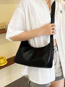 1pc Simple Large Pu Capacity Elegant Solid Color Soft Face Square Bag With Pleated Strap, Crescent Underarm Bag, Satchel Bag Suitable For Daily Use In Fall/winter For Women - Black - View 4