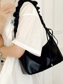 1pc Simple Large Pu Capacity Elegant Solid Color Soft Face Square Bag With Pleated Strap, Crescent Underarm Bag, Satchel Bag Suitable For Daily Use In Fall/winter For Women - Black - View 3