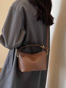 Bolsa De Ombro Transversal Retrô Vintage Em Pu De Cor Sólida Tecida Simples E Versátil Com Estilo De Moda Feminina, Alça Larga De Alta Capacidade Bolsa Hobo
