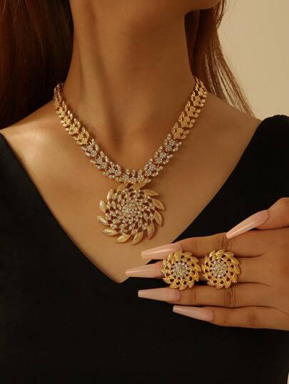 3pcs/set Women's Golden Wheat Tassel Pendant Circle Necklace And Earrings, Perfect For Wedding Gift