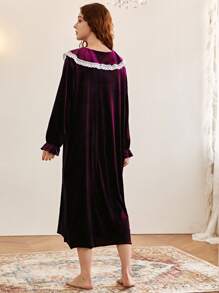 1 Miếng Của phụ nữ Retro Phong cách Pháp Cao eo Nhung Tay áo dài Ren cổ áo Bên trong Đầm Đối với Mùa thu Và Mùa Đông - Màu đỏ tím - Xem 2