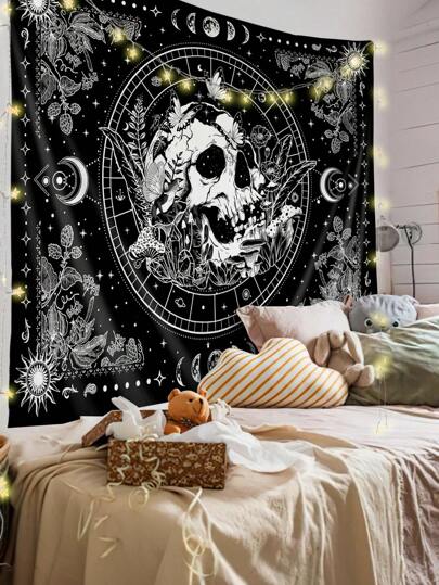1pc Skull Flower Moon Phase Print Tapestry, Modern Polyester Fiber Square Wall Tapestry For Living Room Bedroom Decoration, Flag For Room, Room Decor, Tapestry, Wall Decor, Wall Art ,Room Stuffs, Flags For Room, Home Decor
