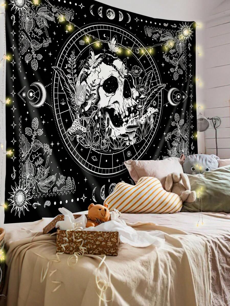 1pc Skull Flower Moon Phase Print Tapestry, Modern Polyester Fiber Square Wall Tapestry For Living Room Bedroom Decoration, Flag For Room, Room Decor, Tapestry, Wall Decor, Wall Art ,Room Stuffs, Flags For Room, Home Decor - Black and White - View 1