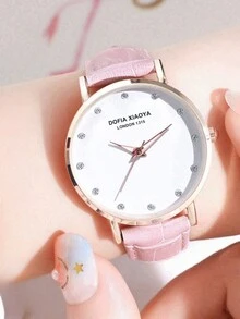 1pc Pink Ladies' Pu Leather Strap Watch - Pink - View 1